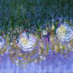 At night, lanterns in the wisteria